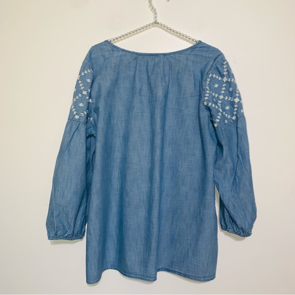 Old Navy Chambray Embroidered Tunic Top Balloon Sleeve Tassel X-LARGE Like New - Picture 6 of 7